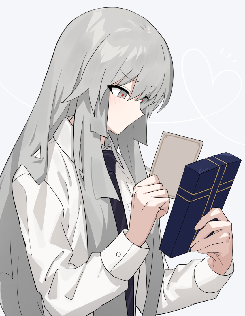 1girl bad_link black_necktie blush box chorefuji closed_mouth collared_shirt commentary_request gift gift_box grey_eyes grey_hair highres holding holding_gift long_hair long_sleeves looking_down necktie original red_pupils shirt sidelocks simple_background solo upper_body white_background white_shirt