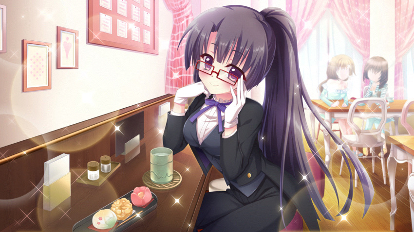 3girls adjusting_eyewear aqua_dress arms_on_table bare_shoulders black_hair black_pants black_suit blue_stripes breasts brown_hair chair collarbone counter cup dot_nose dress film_grain food food_request formal frilled_dress frills game_cg glasses hand_on_own_chin high_ponytail ichikishima_mizuha indoors izumi_tsubasu large_breasts lens_flare light_brown_hair looking_at_viewer multiple_girls neck_ribbon non-web_source off-shoulder_dress off_shoulder official_art own_hands_clasped own_hands_together pants pepper_shaker picture_frame pink_curtains purple_ribbon re:stage! rectangular_eyewear red-framed_eyewear ribbon salt_shaker shirt smile solo_focus sparkle striped striped_shirt suit table violet_eyes water white_stripes wooden_chair wooden_floor wooden_table yellow_footwear