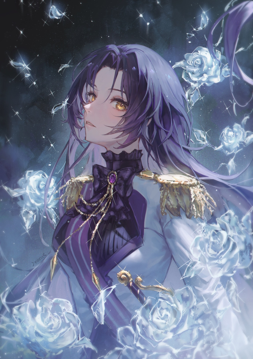 1girl black_bow bow brown_eyes dominique_de_sade epaulettes flower frilled_shirt_collar frills highres jacket long_hair looking_at_viewer parted_bangs parted_lips purple_hair signature solo upper_body vanitas_no_carte white_flower white_jacket yellow_eyes zieru