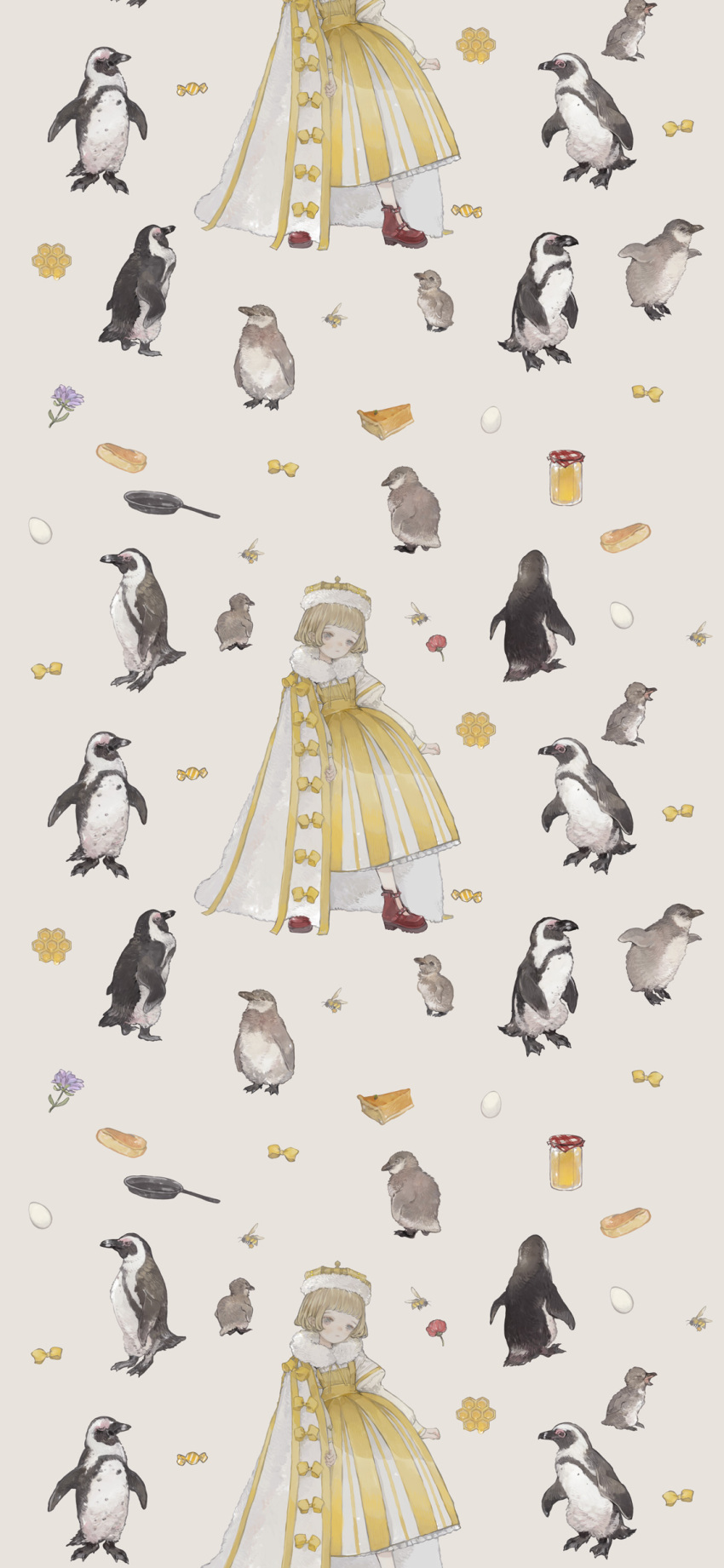 1girl absurdres african_penguin animal bee bird blonde_hair blunt_bangs bob_cut boots brown_footwear bug candy cloak commentary crown dress egg flower food frying_pan fur_cloak fur_collar grey_background highres honey honeycomb_(object) jar juliet_sleeves long_sleeves looking_at_viewer nekosuke_(oxo) original penguin pie pie_slice puffy_sleeves pumpkin_pie purple_flower red_flower ribbon short_hair simple_background standing symbol-only_commentary tileable white_cloak yellow_dress yellow_ribbon