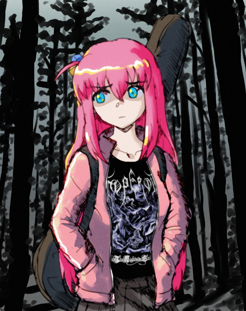 1girl black_shirt blue_eyes blue_pupils bocchi_the_rock! closed_mouth collarbone commentary cube_hair_ornament emperor_(band) forest frown furrowed_brow gotou_hitori grey_skirt guitar_case hair_between_eyes hair_ornament hands_in_pockets highres instrument_case jacket long_hair long_sleeves looking_to_the_side nature one_side_up open_clothes open_jacket pink_hair pink_jacket pleated_skirt pocket shirt single_vertical_stripe skirt solo standing symbol-only_commentary track_jacket tree zawabug
