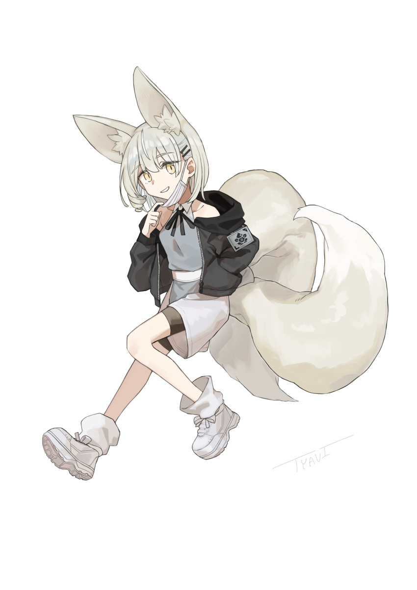 1girl absurdres animal_ear_fluff animal_ears bare_shoulders bike_shorts black_jacket black_ribbon black_shorts blue_shirt boots commentary_request extra_ears fox_ears fox_girl fox_tail full_body grey_hair grey_shirt grin hair_ornament hairclip hand_in_pocket highres hood hood_down hooded_jacket jacket long_sleeves looking_at_viewer mask mask_pull medium_hair mouth_mask multiple_tails neck_ribbon off_shoulder open_clothes open_jacket original ribbon shirt shoes shorts simple_background smile solo tail tyaui_(xjju4435) white_background white_shorts yellow_eyes