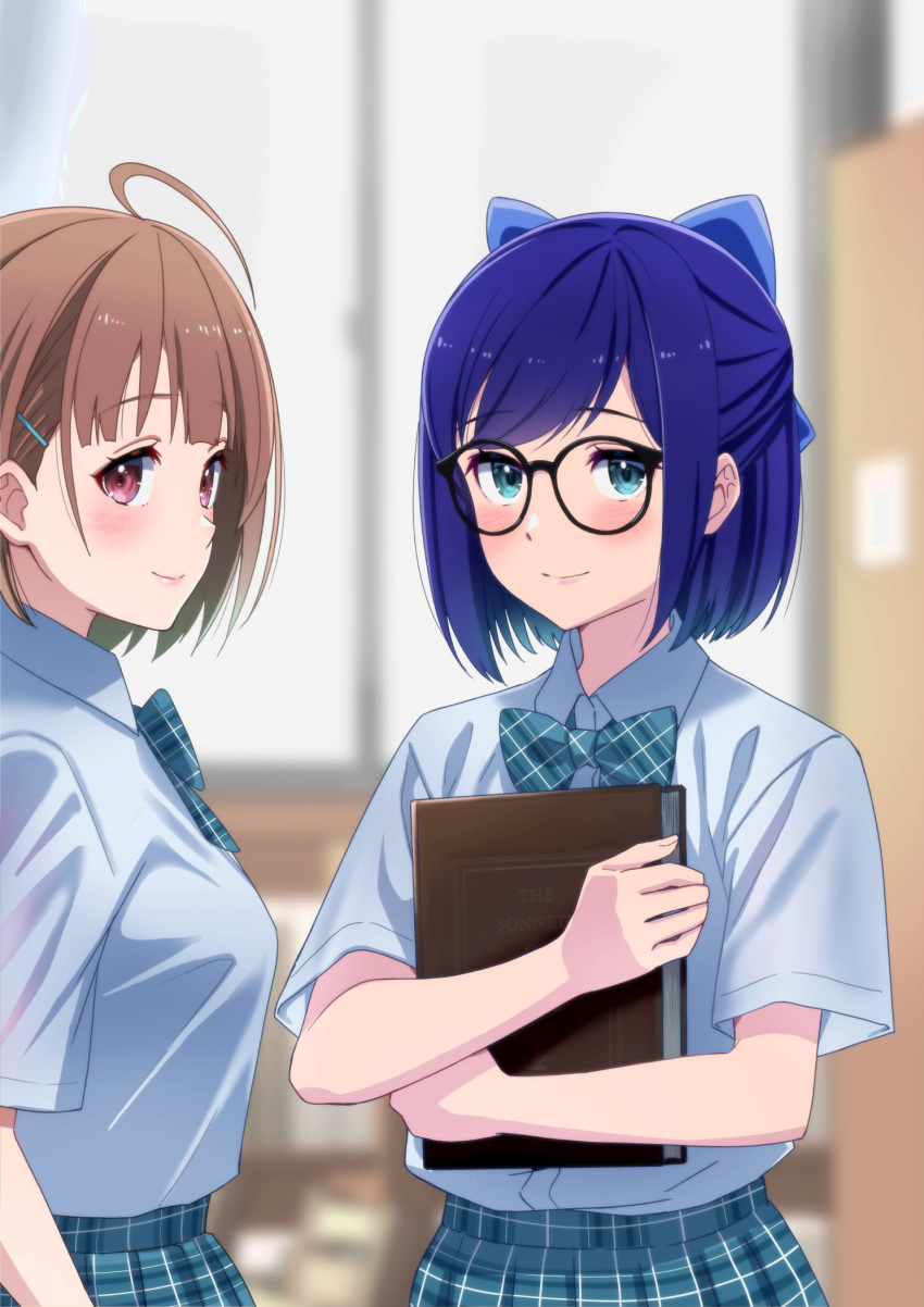 2girls a-chan_(hololive) ahoge alternate_costume black-framed_eyewear blue_bow blue_bowtie blue_eyes blue_hair blue_skirt blurry blurry_background blush book book_hug bow bowtie breasts brown_hair classroom closed_mouth collared_shirt commentary dress_shirt glasses hair_bow hair_ornament hairclip harusaki_nodoka highres holding holding_book hololive hololive_error indoors looking_at_viewer medium_breasts multiple_girls object_hug plaid plaid_bow plaid_bowtie plaid_skirt school_uniform shirt shirt_tucked_in short_hair short_sleeves skirt smile standing swept_bangs upper_body violet_eyes virtual_youtuber white_shirt window wing_collar zabudog777