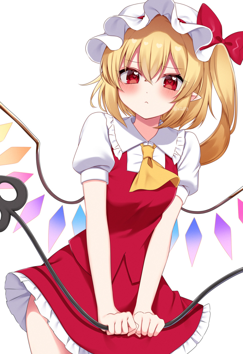 1girl :&lt; ascot blonde_hair blush closed_mouth collared_shirt cowboy_shot crystal flandre_scarlet frilled_shirt_collar frilled_skirt frills hair_between_eyes hat highres holding laevatein_(touhou) long_hair mob_cap pointy_ears puffy_short_sleeves puffy_sleeves red_eyes red_skirt red_vest shinonome_asu shirt short_sleeves side_ponytail simple_background skirt solo touhou twitter_username vest white_background white_headwear white_shirt wings yellow_ascot