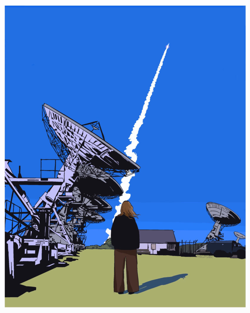 1girl carrier commentary english_commentary eva_stratt fleet highres imminent_injection outdoors project_hail_mary rocket rocket_ship saucefunk2 scenery smile solo spacecraft spacecraft_turret