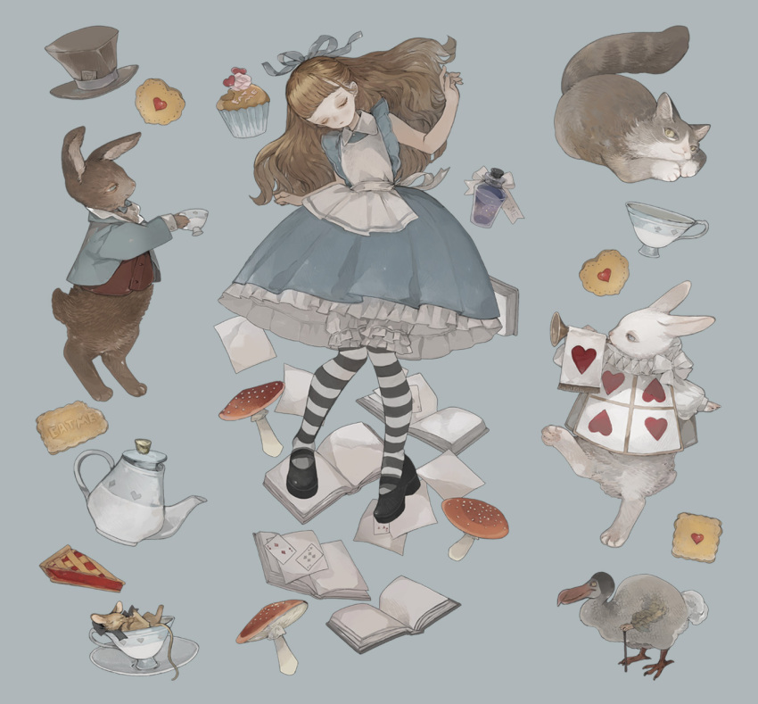 1girl alice_(alice_in_wonderland) alice_in_wonderland animal apron arm_up bare_arms black_footwear bloomers blunt_bangs book bottle brown_hair card cheshire_cat_(alice_in_wonderland) closed_eyes closed_mouth clothed_animal cookie cup cupcake dodo_(alice_in_wonderland) dodo_(bird) dormouse_(alice_in_wonderland) dress fly_agaric food full_body grey_background grey_dress hair_ribbon hat hat_removed headwear_removed heart highres long_hair march_hare_(alice_in_wonderland) mary_janes mouse mushroom nekosuke_(oxo) pantyhose pie pie_slice playing_card ribbon shoes simple_background sleeveless sleeveless_dress striped striped_pantyhose teacup teapot top_hat underwear white_apron white_rabbit_(alice_in_wonderland)