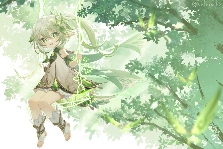 1girl bloomers bracelet cape cross-shaped_pupils crystalfly_(genshin_impact) detached_sleeves dress female_child genshin_impact gold_trim gradient_hair green_cape green_eyes green_hair green_sleeves hair_between_eyes hair_ornament highres jewelry kasaaaaka leaf_hair_ornament long_hair looking_at_viewer multicolored_hair nahida_(genshin_impact) open_mouth pointy_ears side_ponytail sitting sleeveless sleeveless_dress solo stirrup_footwear stirrup_legwear symbol-shaped_pupils toeless_footwear toeless_legwear tree twitter_username underwear white_bloomers white_dress white_footwear white_hair