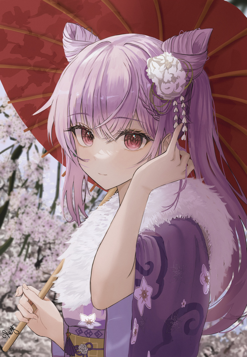 1girl absurdres blurry blurry_background braid closed_mouth cone_hair_bun double_bun floral_print fur-trimmed_collar genshin_impact hair_bun hair_ears hair_ornament hand_in_own_hair highres holding holding_umbrella keqing_(genshin_impact) long_hair looking_at_viewer oil-paper_umbrella purple_hair red_eyes red_umbrella rega solo umbrella upper_body