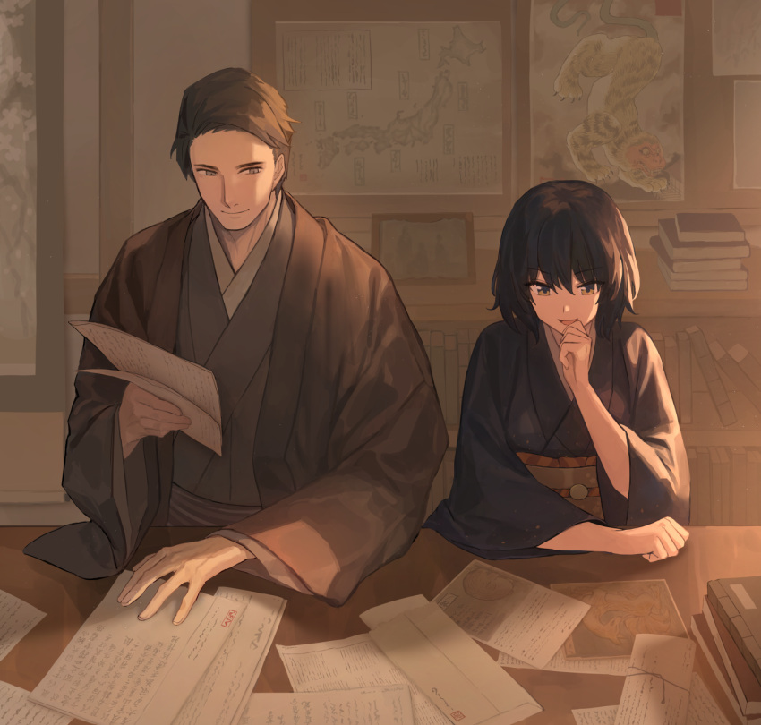 1boy 1girl :d bad_link black_kimono book bookshelf brown_eyes brown_hair brown_kimono brown_sash chorefuji closed_mouth commentary_request envelope hand_up haori highres indoors japanese_clothes kimono looking_down open_mouth original paper poster_(object) sash short_hair sideways_glance smile