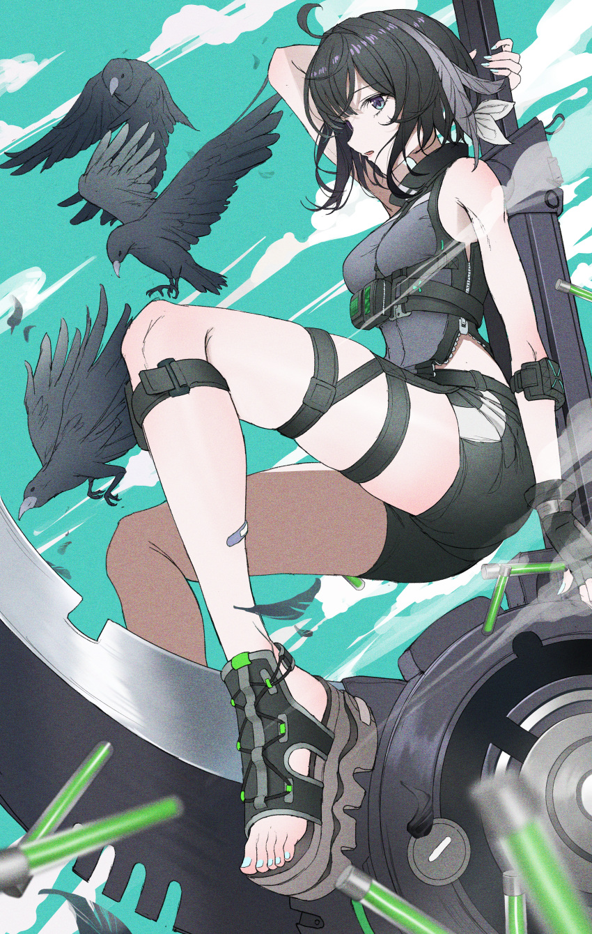 1girl absurdres ahoge arknights arm_strap bandaid bandaid_on_leg bird black_gloves black_hair black_shorts blue_eyes blue_nails breasts chinese_commentary clouds cloudy_sky crow expressionless feathers fingerless_gloves from_side full_body gloves grey_footwear grey_hairband grey_shirt hairband highres holding holding_scythe la_pluma_(arknights) looking_at_viewer medium_breasts nail_polish parted_lips partially_unzipped sandals scythe shirt short_hair short_shorts shorts single_glove skindentation sky sleeveless sleeveless_shirt solo test_tube thigh_strap toenail_polish toenails toes xiayekongzhige zipper zipper_pull_tab