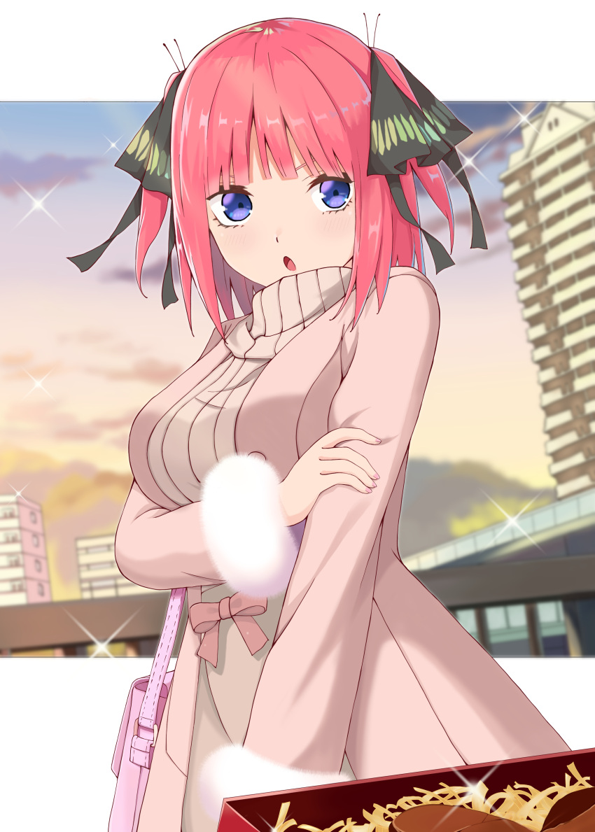 1girl absurdres alternate_costume bag black_ribbon blue_eyes blunt_bangs blurry blurry_background blush breasts butterfly_hair_ornament casual coat commentary_request cowboy_shot eyebrows_hidden_by_hair eyelashes fur-trimmed_sleeves fur_trim gift go-toubun_no_hanayome hair_ornament hair_ribbon hand_on_own_arm handbag highres kouta(34765766) large_breasts long_sleeves looking_at_viewer medium_hair nail_polish nakano_nino open_mouth outdoors pink_bag pink_coat pink_hair pink_nails ribbon sidelocks solo sparkle standing straight_hair sunset two_side_up v-shaped_eyebrows