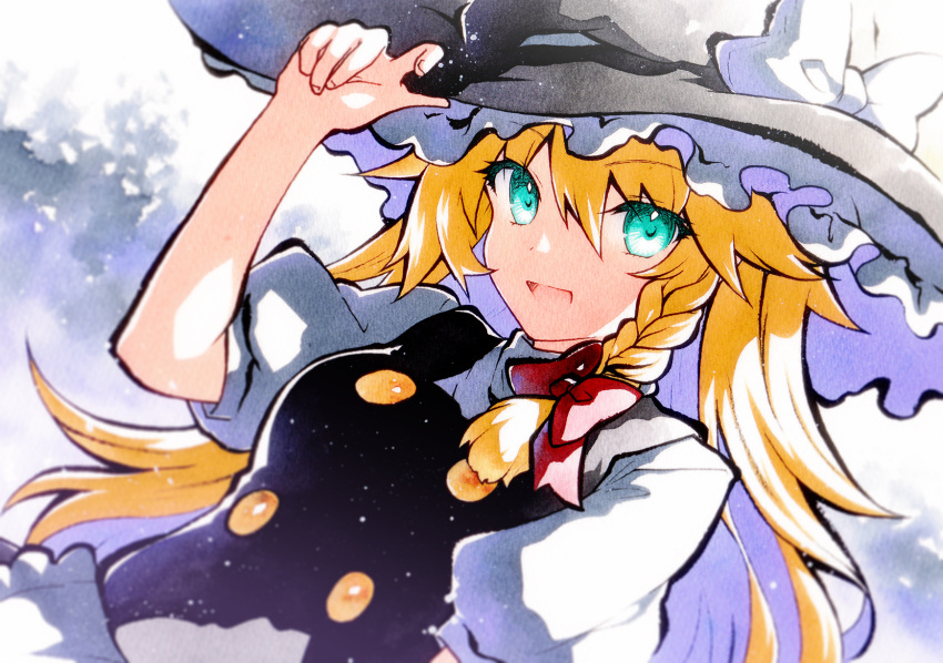 1girl apron black_headwear black_vest blonde_hair blue_eyes bow braid frilled_apron frills hair_between_eyes hat hat_bow highres kirisame_marisa long_hair open_mouth puffy_short_sleeves puffy_sleeves qqqrinkappp shirt short_sleeves single_braid smile solo touhou traditional_media upper_body vest waist_apron white_apron white_bow white_shirt witch_hat