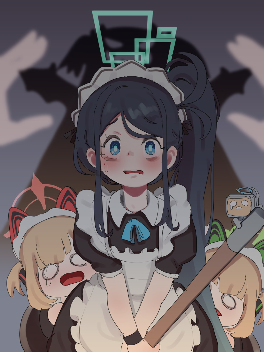 4girls absurdres animal_ear_headphones animal_ears apron aris_(blue_archive) aris_(maid)_(blue_archive) black_hair blonde_hair blue_archive blue_eyes cat_ear_headphones fake_animal_ears halo headphones highres long_hair lulubelleiii maid_apron maid_headdress midori_(blue_archive) momoi_(blue_archive) multiple_girls official_alternate_costume open_mouth pov puffy_short_sleeves puffy_sleeves short_sleeves siblings sisters twins white_apron yuuka_(blue_archive)