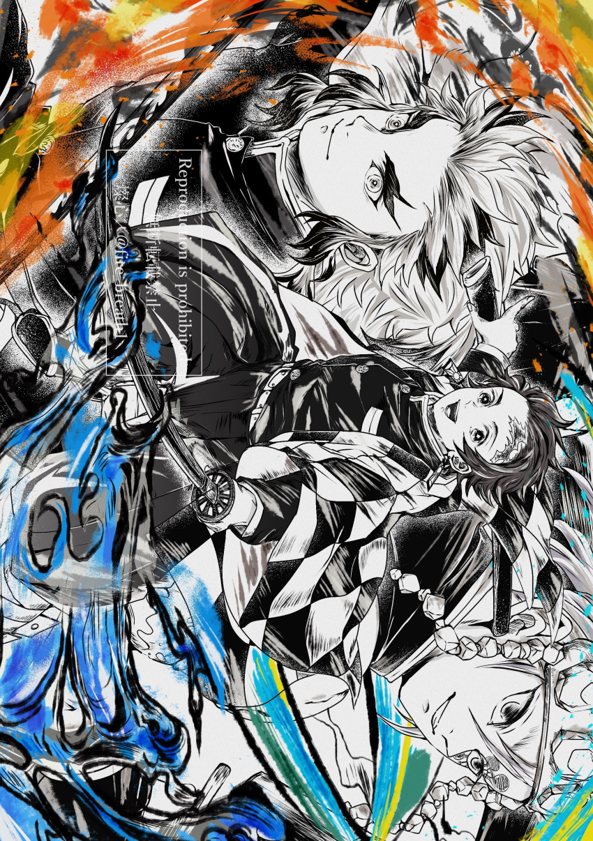3boys :d absurdres checkered_clothes demon_slayer_uniform fire fire_breath1 forehead_protector gem greyscale hair_between_eyes hakama hakama_pants highres holding holding_sword holding_weapon japanese_clothes kamado_tanjirou kimetsu_no_yaiba long_sleeves looking_at_viewer male_focus monochrome multiple_boys pants partially_colored rengoku_kyoujurou sash scar scar_on_face scar_on_forehead shirt short_hair sleeveless sleeveless_shirt smile sword twitter_username upper_body uzui_tengen water weapon