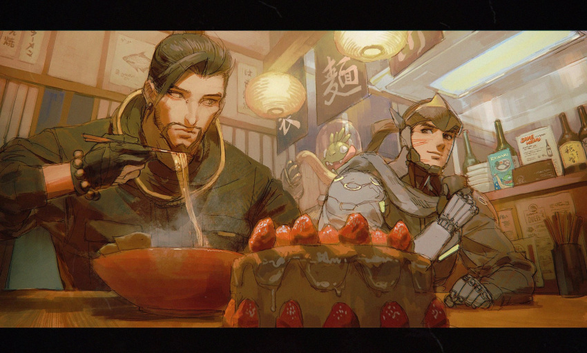 2boys black_gloves black_hair black_jacket bowl brothers cake chopsticks closed_mouth cup earrings et.m facial_hair food fruit genji_(overwatch) gloves hanzo_(overwatch) highres holding holding_chopsticks holding_cup jacket jewelry looking_at_another male_focus multiple_boys noodles overwatch overwatch_1 ramen short_hair siblings smile strawberry