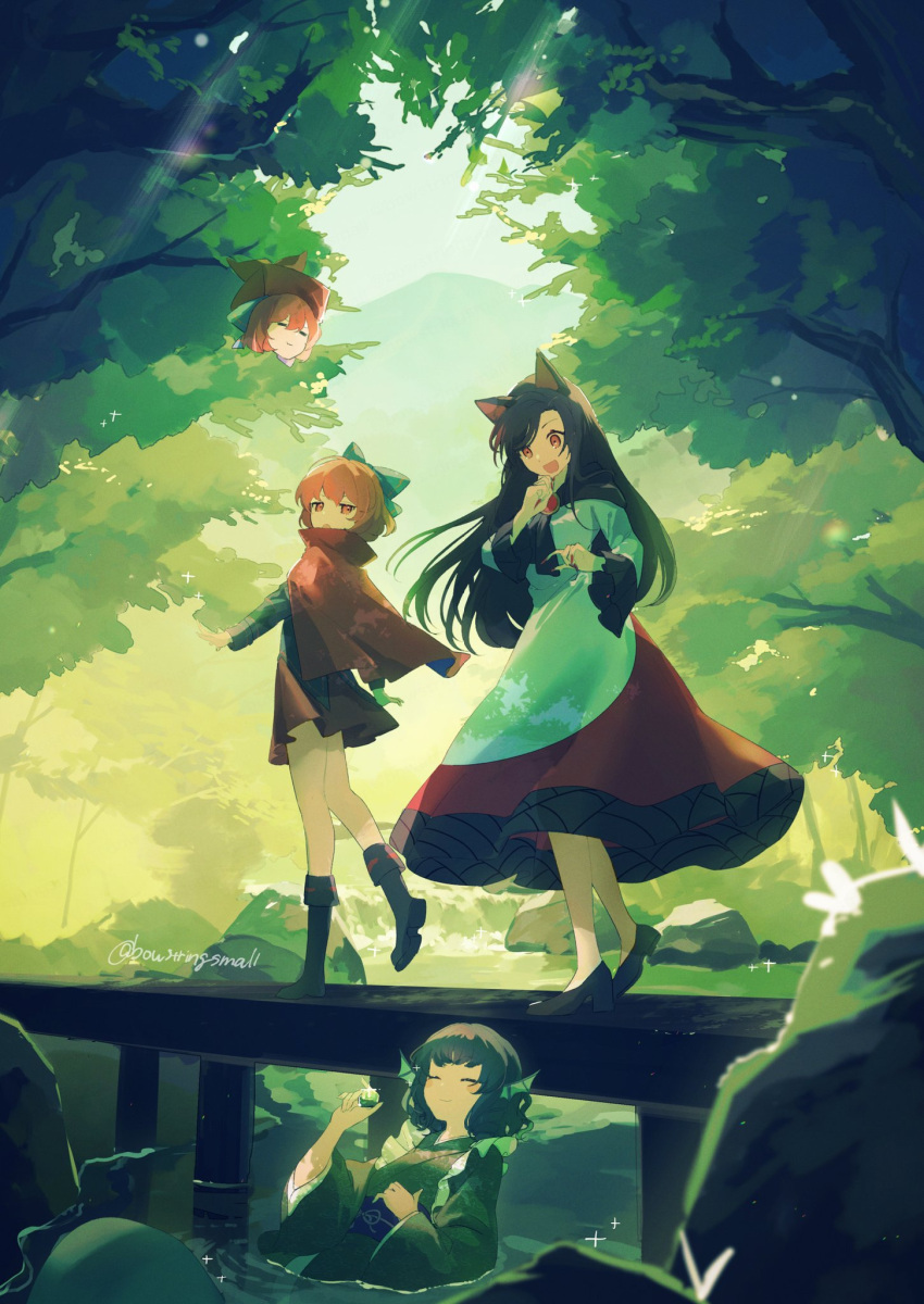 3girls artist_name black_hair black_jacket blue_hair bridge cape dress floating_head giant_tree green_dress highres imaizumi_kagerou jacket long_hair looking_down multiple_girls oito_(bowstringsmall) partially_submerged red_cape red_eyes red_skirt redhead river sekibanki skirt smile touhou tree two-tone_dress wakasagihime