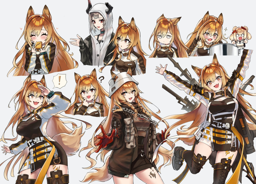 ! 3girls ? animal_ears arknights arms_up bear_ears belt black_dress black_gloves blank_eyes blonde_hair blush boots braid breasts brown_footwear brown_jacket bucket_hat candy_hair_ornament ceobe_(arknights) ceobe_(unfettered)_(arknights) closed_eyes closed_mouth commentary cooking_pot cross-laced_footwear demon_horns dog_ears dog_girl dog_tail dress ears_through_headwear eating fang finger_to_mouth fingerless_gloves food-themed_hair_ornament foot_out_of_frame gloves grey_background grey_hair gummy_(arknights) hair_between_eyes hair_ornament hat highres hood hood_up hooded_jacket horns infection_monitor_(arknights) jacket light_brown_hair long_hair looking_afar looking_at_viewer medium_breasts multiple_belts multiple_girls official_alternate_costume open_clothes open_jacket open_mouth orange_belt orange_eyes oripathy_lesion_(arknights) outstretched_arms red_eyes red_gloves short_dress side_braids simple_background skin_fang smile sparkle spoken_exclamation_mark standing standing_on_one_leg tail thigh_boots twin_braids very_long_hair vulcan_(arknights) weapon weapon_on_back white_headwear white_jacket yoko2yuray zettai_ryouiki