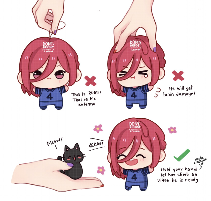 &gt;_&lt; 1boy androgynous black_cat blue_lock cat checkmark chibi chigiri_hyoma disembodied_limb english_text highres how_to_hold_x_(meme) long_hair looking_at_viewer male_focus meme miniboy open_mouth purple_nails red_eyes red_nails redhead round_teeth shishileo short_sleeves smile soccer_uniform sportswear teeth upper_teeth_only x