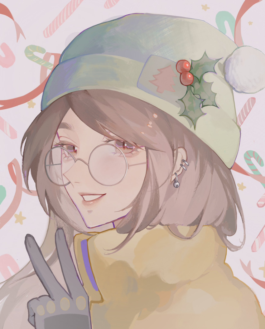 1girl animification beanie black_gloves brown_eyes brown_hair candy candy_cane christmas ear_piercing food from_side glasses gloves hair_behind_ear hat highres holly jacket killjoy_(valorant) long_hair looking_at_viewer parted_lips piercing red_ribbon ribbon round_eyewear smile solo sumi_(suumiko_) v valorant yellow_jacket