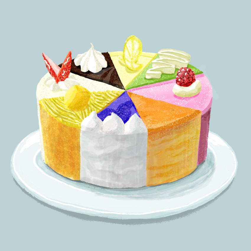 absurdres cake food food_focus fruit grey_background highres icing lemon no_humans original plate raspberry simple_background still_life strawberry tonekoya