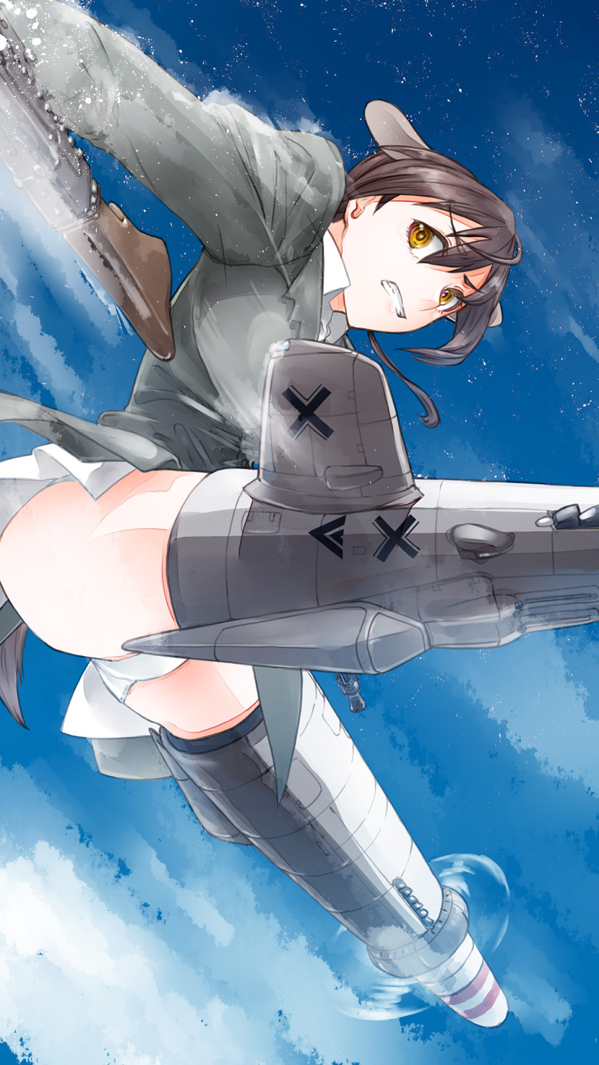 1girl animal_ears blue_sky brown_eyes brown_hair clouds cloudy_sky commentary dog_ears dog_tail flying frown gertrud_barkhorn grey_jacket grimace gun highres holding holding_gun holding_weapon jacket kaya_(nari1-24) legs_up long_hair looking_at_viewer machine_gun mg42 military military_uniform miniskirt motion_blur panties pleated_skirt skirt sky solo strike_witches striker_unit tail twintails underwear uniform weapon white_panties white_skirt world_witches_series