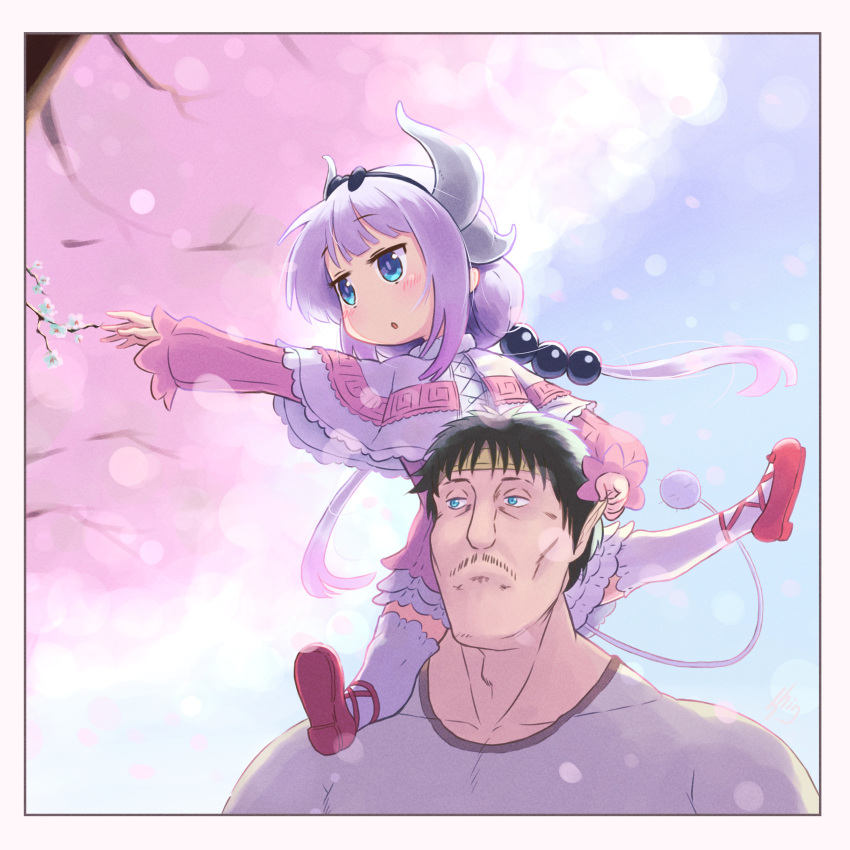 1boy 1girl :o absurdres beads black_bow black_hair blue_eyes blunt_bangs blush border bow bow_hairband capelet cherry_blossoms commentary_request dragon_girl dragon_horns dragon_tail dress facial_hair father_and_daughter female_child frilled_capelet frills full_body fur-trimmed_capelet fur_trim hair_beads hair_ornament hairband hand_on_another's_ear highres horns kanna_kamui kimun_kamui kobayashi-san_chi_no_maidragon long_sleeves low_twintails mustache open_mouth outstretched_arm pink_dress puffy_long_sleeves puffy_sleeves purple_hair red_footwear shingen318 shirt shoes short_dress short_hair tail thigh-highs tokyo_afterschool_summoners twintails upper_body white_border white_shirt white_thighhighs