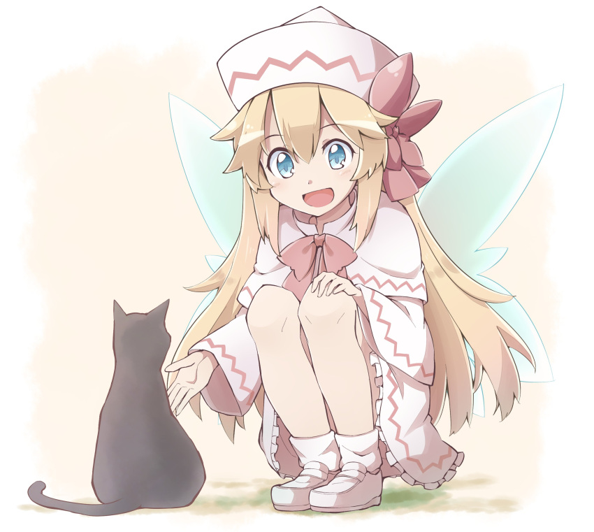 1girl :d absurdres animal black_cat blonde_hair blue_eyes blush bow cat commentary_request fairy_wings full_body hand_on_own_knee hat highres lily_white loafers long_hair long_sleeves loose_socks open_hand open_mouth ribbon shoes smile socks solo squatting touhou wide_sleeves wings yutamaro