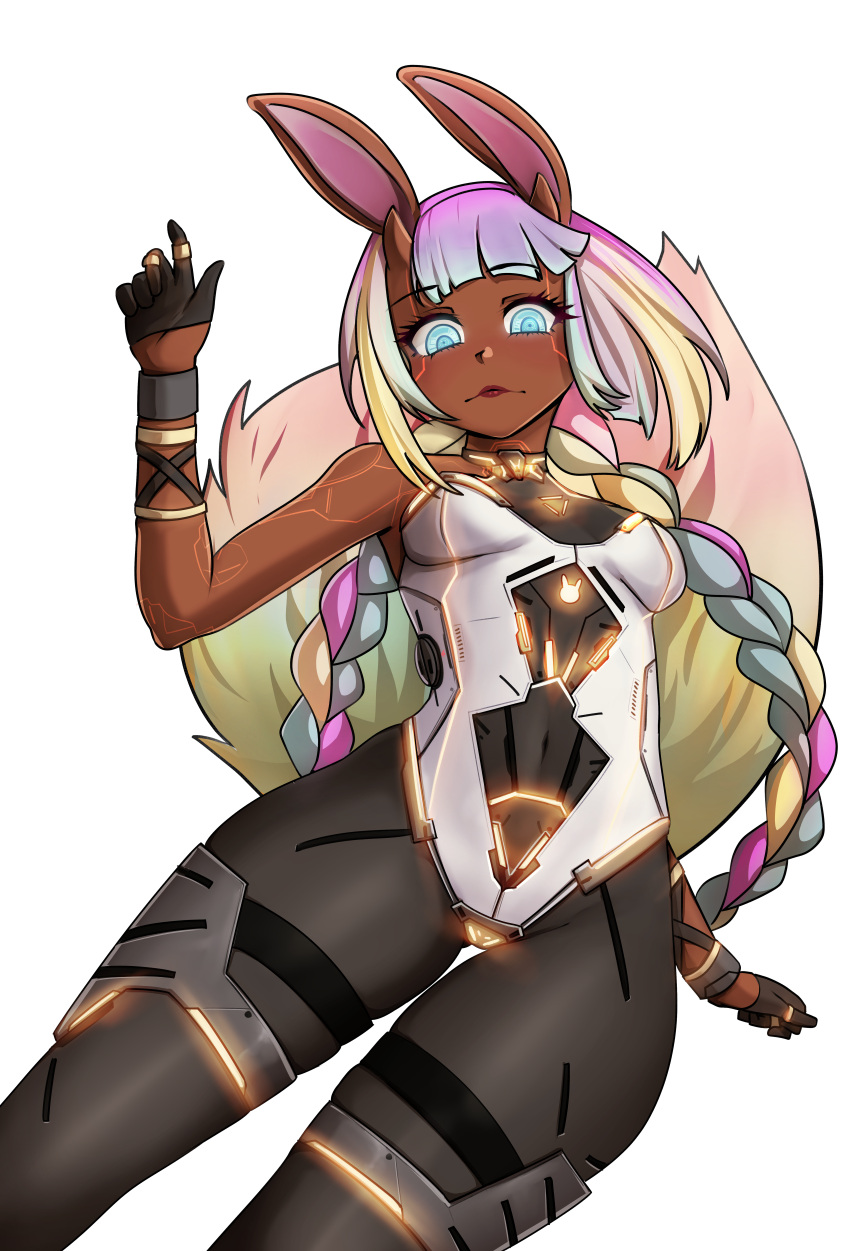absurdres android animal_ear_fluff breasts closed_mouth dark-skinned_female dark_skin highres indie_virtual_youtuber jumping long_hair looking_at_viewer lunarrabbot multicolored_hair non-web_source official_alternate_hairstyle original robot smile solo tan thighs virtual_youtuber xdanyart