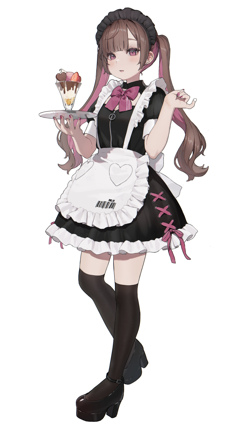 1girl absurdres alternate_costume apron barcode black_dress black_footwear black_thighhighs blunt_bangs bow brown_hair colored_inner_hair cropped_legs cross-laced_clothes cross-laced_dress daluto_(hitomi555) dress enmaided food frilled_apron frilled_dress frills heart highres holding holding_tray ice_cream kneehighs looking_at_viewer maid maid_apron maid_headdress mixed-language_commentary multicolored_hair original over-kneehighs parted_bangs parted_lips pink_bow pink_eyes pink_hair pink_nails sidelocks simple_background socks solo standing sundae thigh-highs tray twintails two-tone_hair white_apron white_background