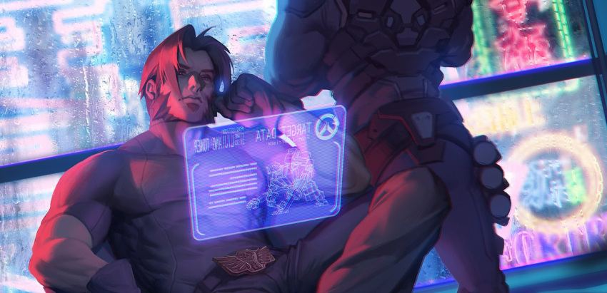 2boys belt cassidy_(overwatch) closed_mouth et.m gloves holographic_touchscreen indoors large_pectorals male_focus multiple_boys muscular muscular_male overwatch overwatch_1 pectorals reaper_(overwatch) shirt short_hair sideburns sitting window