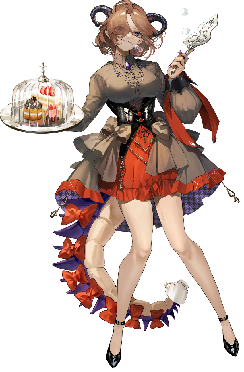 1girl absurdres bow breasts brown_hair cake cake_slice candy closed_mouth collared_shirt commentary_request cup dress_shirt food frilled_skirt frills full_body grey_shirt hair_over_one_eye highres holding holding_tray horns large_breasts lollipop mouth_hold ori_(momonimo) original parted_bangs red_bow red_skirt shirt simple_background skirt smile solo tail teacup tray violet_eyes white_background