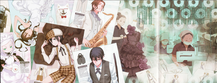 2boys 3girls absurdres androgynous apron bespectacled black_eyes black_hair bow bowtie bride brough_superior brown_hair buttons cake coat collar colored_eyebrows deerstalker dog dress eating enmaided food frilled_dress frills glasses green_eyes hair_bun hair_spread_out hat headscarf hermes_(kino_no_tabi) highres holding holding_instrument holding_plate holding_saxophone instrument kino_no_tabi kuroboshi_kouhaku looking_at_viewer lying maid maid_apron maid_headdress mannequin mask motor_vehicle motorcycle mouth_mask multiple_boys multiple_girls official_art on_back overalls parted_bangs people plaid_clothes plate red-framed_eyewear red_bow red_bowtie riku_(kino_no_tabi) saxophone scan scan_artifacts sewing sewing_machine sheath shirt shizu_(kino_no_tabi) short_hair shorts single_hair_bun sitting sleeveless smoking_pipe suit tea_(kino_no_tabi) third-party_source tomboy translation_request utensil_in_mouth white_dress white_hair white_shirt white_suit working