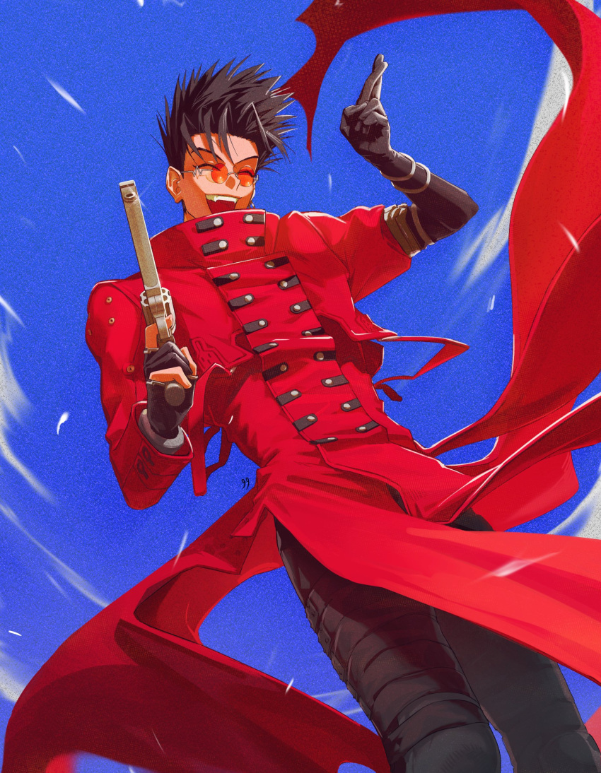 1boy ^_^ absurdres black_gloves black_hair black_pants blue_sky closed_eyes coat day fingerless_gloves glasses gloves gun hand_up highres holding holding_gun holding_weapon long_sleeves male_focus open_mouth outdoors pants red_coat revolver round_eyewear short_hair sky smile solo spiky_hair teeth trigun ttolaigeon vash_the_stampede weapon