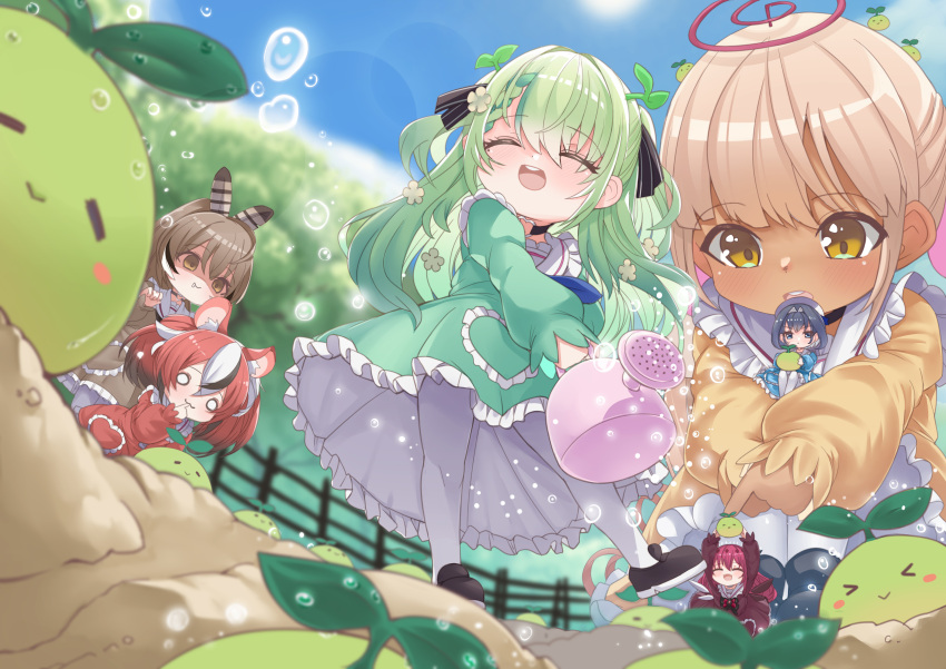 6+girls absurdres aged_down animal_ears brown_eyes brown_hair ceres_fauna chibi child closed_eyes dirt dress feather_hair_ornament feathers female_child fence frilled_dress frills from_below green_hair hair_between_eyes hair_ornament hakos_baelz highres holocouncil hololive hololive_english horns irys_(hololive) leaf long_skirt medium_hair multiple_girls nanashi_mumei open_mouth ouro_kronii outdoors pantyhose puffy_sleeves redhead sapling_(ceres_fauna) senbon_tsuki size_difference skirt smile sprout teeth tsukumo_sana twintails upper_teeth_only water water_drop