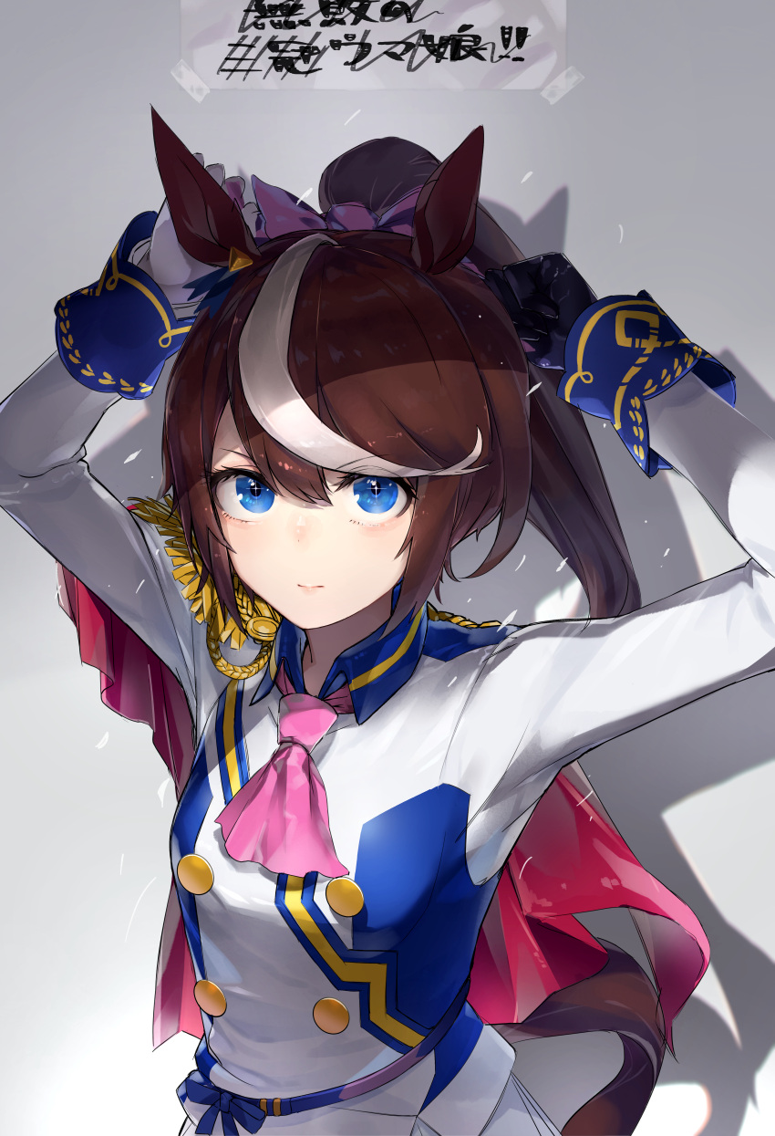 +_+ 1girl absurdres animal_ears ascot asymmetrical_gloves black_gloves blue_eyes bow breasts brown_hair closed_eyes collared_jacket epaulettes gloves hair_bow highres horse_ears horse_girl horse_tail jacket long_hair long_sleeves looking_at_viewer mismatched_gloves multicolored_hair oshiri_seijin pink_ascot ponytail shadow shoulder_cape single_epaulette small_breasts solo streaked_hair tail tokai_teio_(umamusume) tying_hair umamusume upper_body white_gloves white_jacket