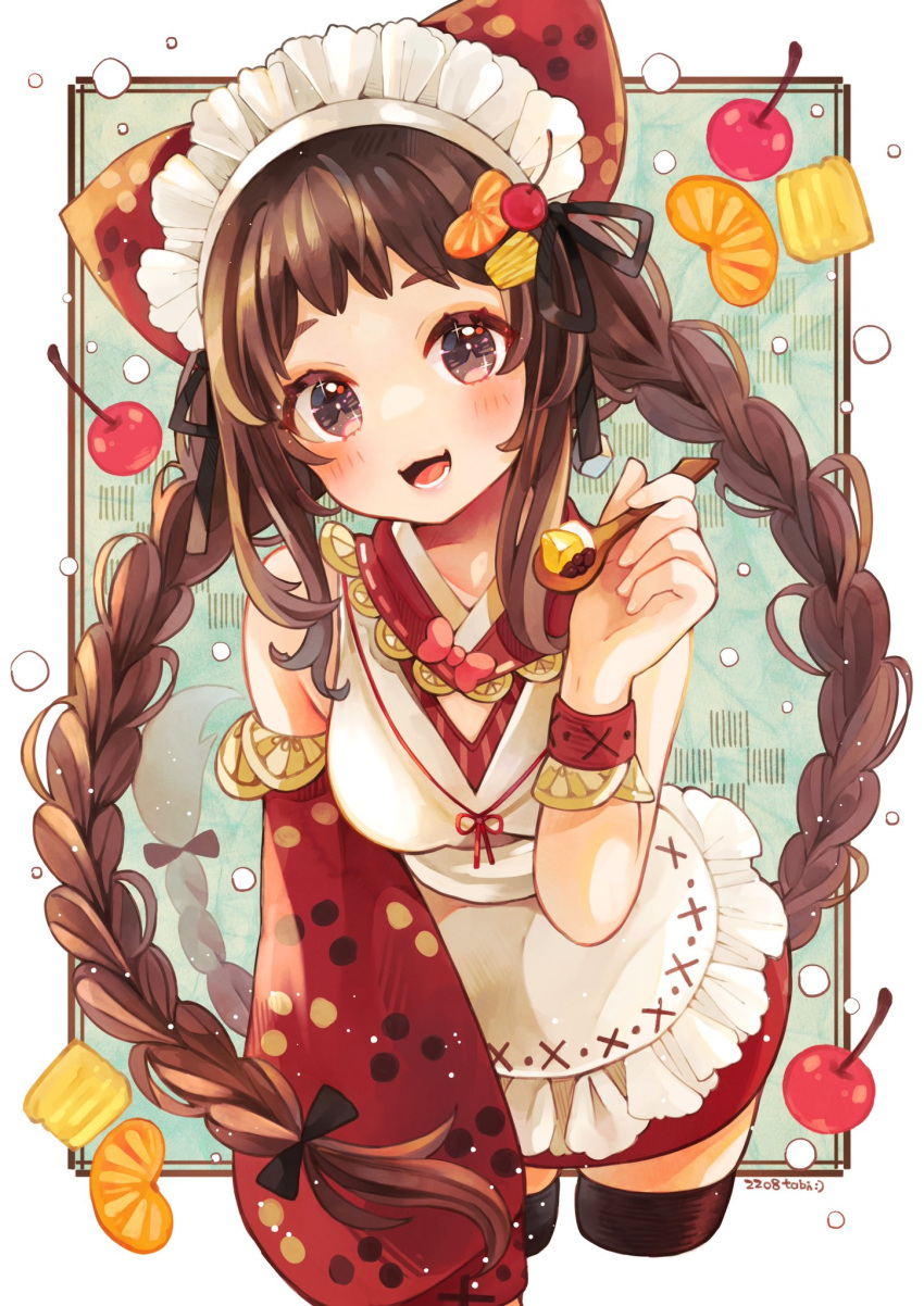 1girl :3 anmitsu_(dessert) apron artist_name bare_shoulders black_thighhighs border bow braid brown_eyes brown_hair cat_ear_hairband cherry commentary cowboy_shot cropped_legs dated detached_sleeves food frilled_apron frilled_hairband frills fruit green_background hair_bow hairband hand_up highres holding holding_spoon leaning_forward long_hair looking_at_viewer maid_apron maid_headdress open_mouth orange_(fruit) orange_slice original outside_border shirt signature single_detached_sleeve sleeveless sleeveless_shirt smile solo sparkling_eyes spoon tabi_0v0 thigh-highs twin_braids twintails wa_maid white_border white_shirt wristband