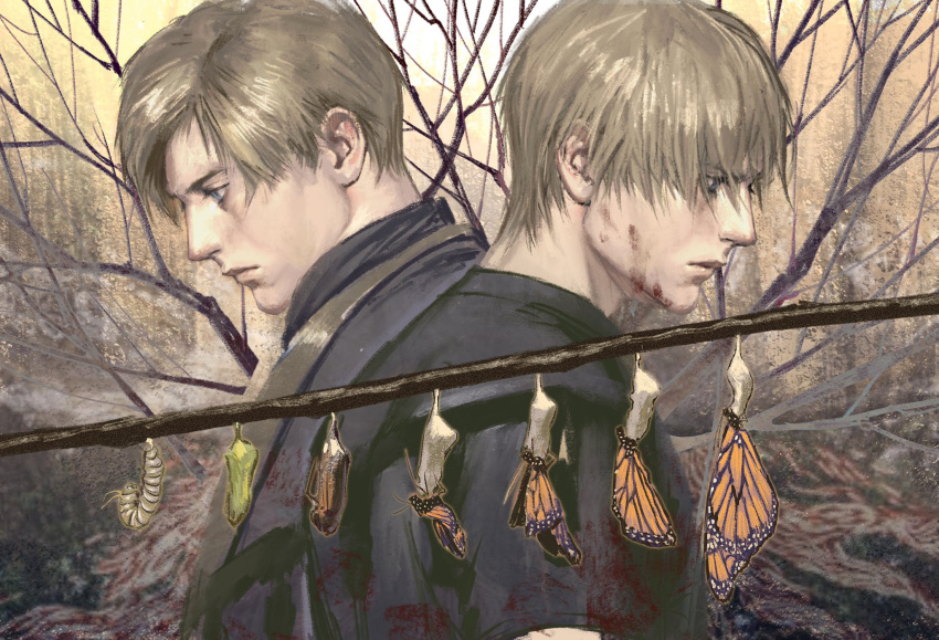 2boys age_comparison blood blood_on_face brown_hair bug butterfly caterpillar chrysalis_(butterfly) curtained_hair dual_persona frown hatching highres leon_s._kennedy looking_down male_focus mrs.yega_(nai0026er) multiple_boys orange_butterfly resident_evil resident_evil_2 resident_evil_2_(remake) resident_evil_4 resident_evil_4_(remake) short_hair symbolism