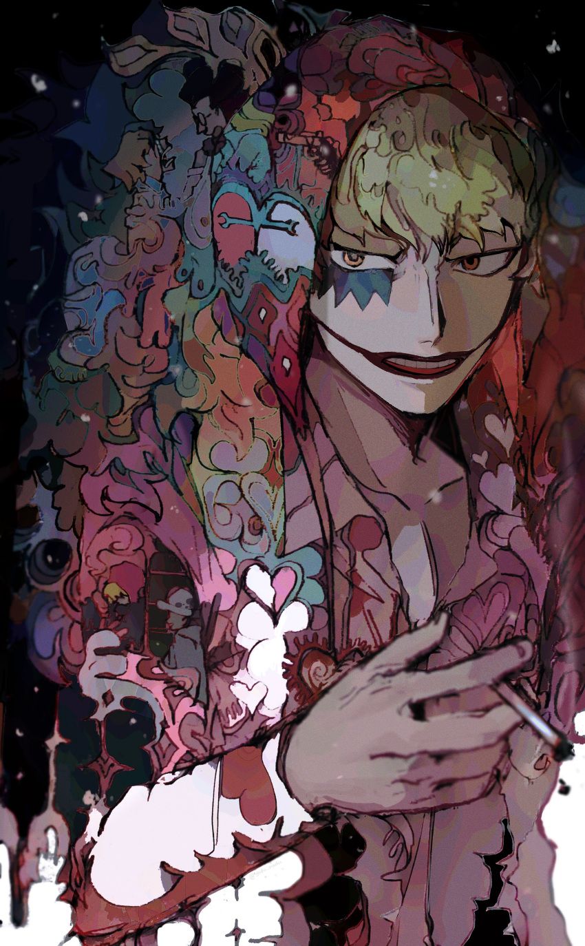 absurdres blonde_hair brown_eyes cigarette coat coat_on_shoulders donquixote_rocinante feather_coat gun heart heart_print highres holding holding_cigarette hood hood_up long_sleeves looking_at_viewer makeup male_focus marine_uniform_(one_piece) one_piece pink_shirt sengoku_(one_piece) shirt short_hair solo trafalgar_law weapon yadu_nadu