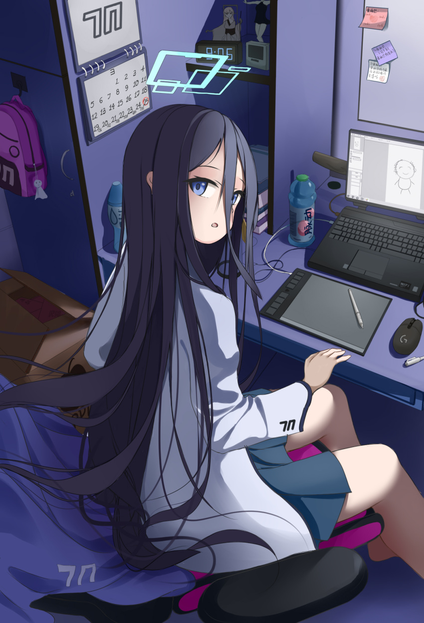 1girl :o aris_(blue_archive) arona's_sensei_doodle_(blue_archive) backpack bag black_hair blue_archive blue_eyes blue_skirt bottle calendar_(object) chair clock commentary_request computer desk digital_clock drawing_tablet feet_out_of_frame hair_between_eyes halo highres indoors lab_coat laptop long_hair long_sleeves looking_at_viewer looking_to_the_side mouse_(computer) mousedic07 office_chair on_chair open_clothes parted_lips pleated_skirt sensei_(blue_archive) sitting skirt solo stylus swivel_chair teruterubouzu translation_request very_long_hair water_bottle