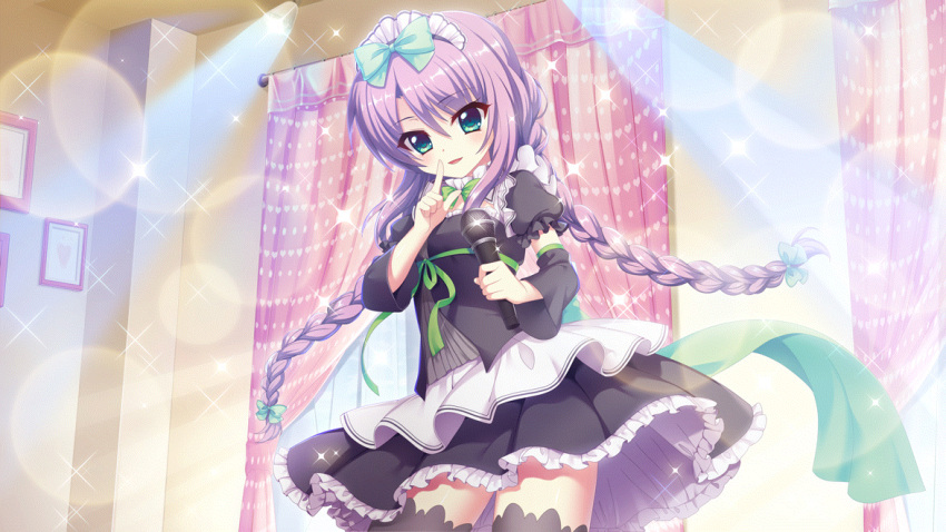 1girl alternate_costume aqua_bow black_dress black_skirt black_thighhighs blue_eyes bow braid dot_nose dress enmaided film_grain finger_to_mouth frilled_skirt frills game_cg glint green_ribbon hair_bow holding holding_microphone indoors izumi_tsubasu layered_skirt lens_flare long_braid low_twintails maid maid_headdress microphone multiple_hair_bows non-web_source official_art open_mouth picture_frame pink_curtains purple_hair re:stage! ribbon skirt smile solo sparkle stage_lights thigh-highs tsukisaka_sayu twintails white_skirt window zettai_ryouiki