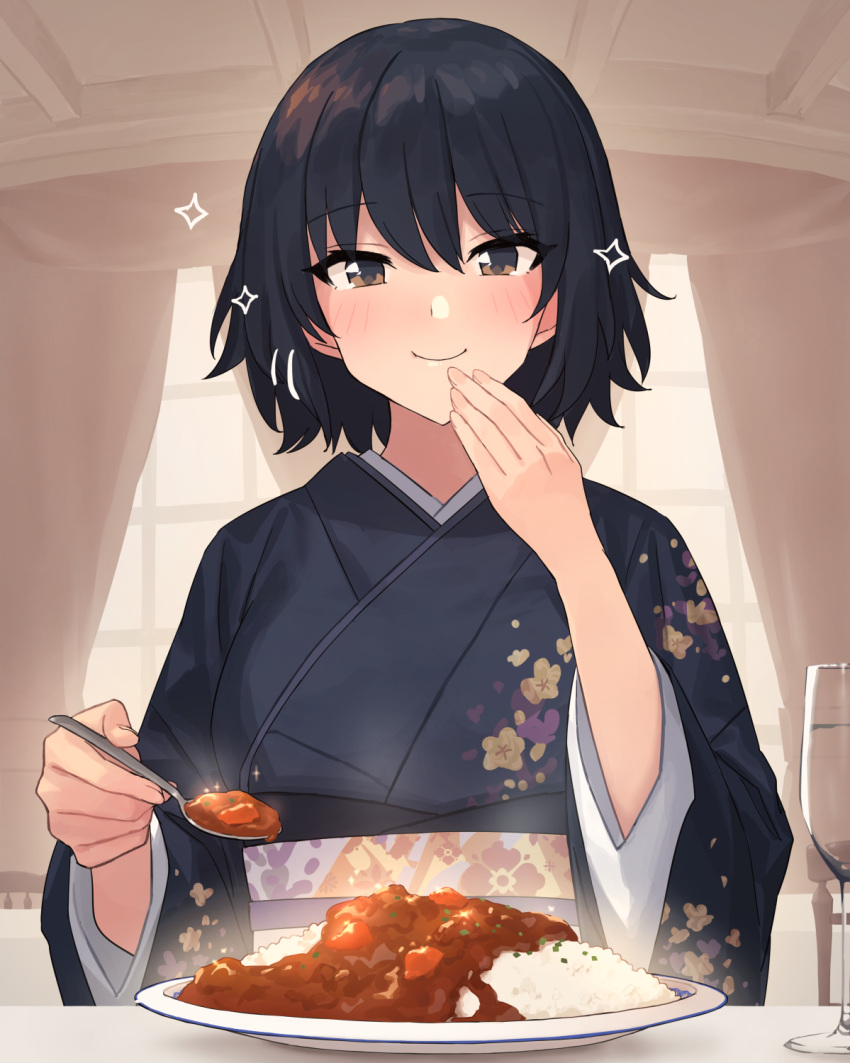 1girl bad_link black_hair black_kimono blush brown_eyes chorefuji closed_mouth commentary_request cup curry curtains drinking_glass eating floral_print food hand_up highres holding holding_spoon indoors japanese_clothes kimono looking_at_viewer original plate rice sash smile solo sparkle spoon steam table upper_body window wine_glass