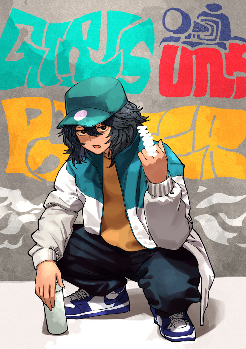 1girl absurdres andou_(girls_und_panzer) baseball_cap black_hair black_pants blue_footwear censored copyright_name full_body girls_und_panzer graffiti green_headwear hair_between_eyes hat highres jacket jitome long_sleeves looking_at_viewer middle_finger nike open_clothes open_jacket open_mouth orange_shirt oshiri_seijin pants shirt shoes short_hair sneakers solo spray_can squatting v-shaped_eyebrows