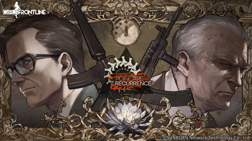 2boys artist_request blue_eyes brown_eyes brown_hair character_request clock closed_mouth commentary company_name copyright copyright_name english_commentary epiphyllum flower formal framed girls_frontline glasses grey_hair griffin_(girls'_frontline) gun highres light_machine_gun m16a1 multiple_boys necktie official_art old old_man red_necktie rpk-16 rudolf_von_oberstein serious short_hair spoilers suit very_short_hair weapon