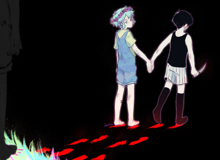 1girl 2boys barefoot basil_(omori) black_hair black_socks bloody_footprints blue_overalls closed_mouth colored_skin dronnie facing_away flower footprints green_eyes green_hair green_shirt head_wreath highres holding holding_knife knife looking_at_another mari_(omori) multiple_boys omori omori_(omori) overall_shorts overalls sad shirt short_hair short_sleeves socks spoilers white_skin