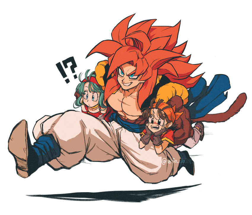 !? 1boy absurdres biceps black_wristband blue_eyes blue_sash body_fur bra_(dragon_ball) carrying dragon_ball dragon_ball_gt gogeta highres metamoran_vest monkey_boy monkey_tail muscular muscular_male no_nipples pan_(dragon_ball) pants pectorals redhead relio_db318 sash simple_background smile spiky_hair spoken_interrobang super_saiyan super_saiyan_4 tail white_pants