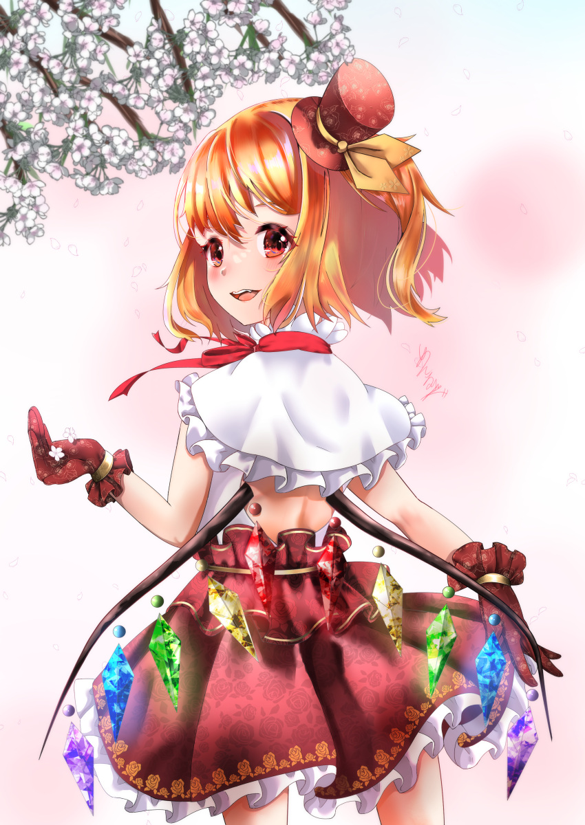 1girl :d absurdres adapted_costume back_cutout blonde_hair blush cherry_blossoms clothing_cutout crystal daisy dress embellished_costume eyebrows_hidden_by_hair flandre_scarlet floral_print flower frilled_shirt_collar frills from_behind gloves gold_trim hand_up hat highres looking_at_viewer looking_back medium_hair mennruri mini_hat mini_top_hat one_side_up open_mouth outdoors petticoat pink_eyes red_dress red_gloves simple_background smile solo teeth tilted_headwear top_hat touhou upper_teeth_only white_flower wings