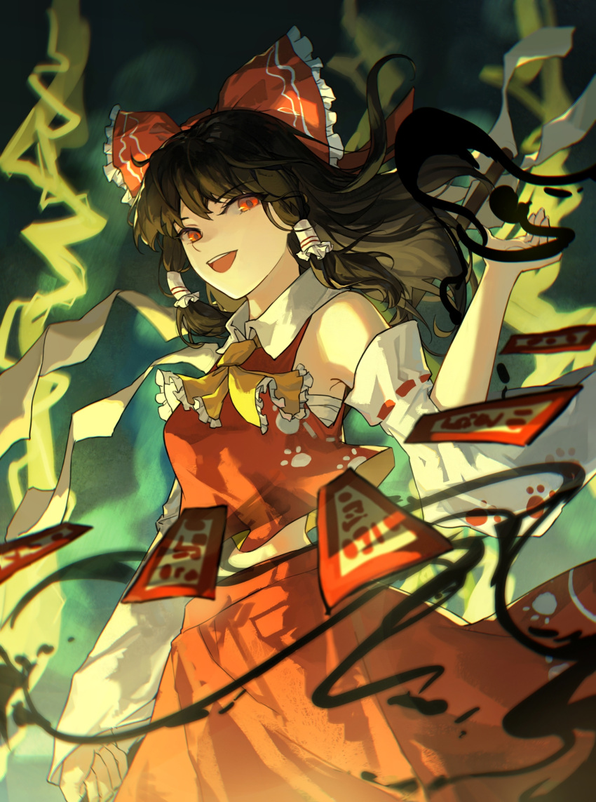 1girl absurdres ascot bare_shoulders black_hair bow detached_sleeves fatfish hair_bow hair_tubes hakurei_reimu highres japanese_clothes long_hair nontraditional_miko ofuda open_mouth paw_print red_bow red_eyes red_skirt ribbon-trimmed_sleeves ribbon_trim sarashi sidelocks skirt smile solo touhou unfinished_dream_of_all_living_ghost white_sleeves wide_sleeves yellow_ascot