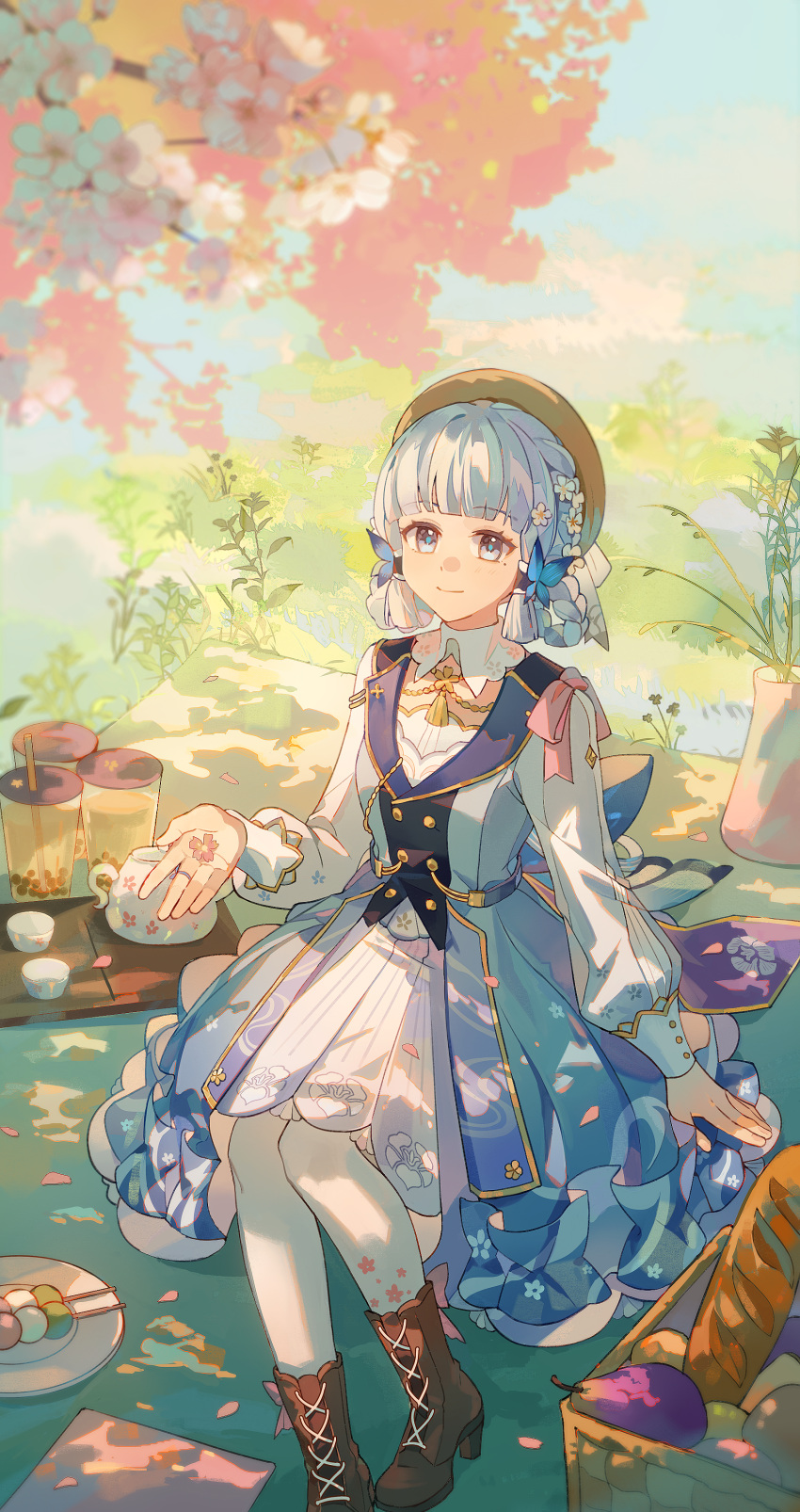 1girl absurdres basket blue_eyes blue_hair blue_skirt blunt_bangs blush boots bread brown_footwear chinese_commentary closed_mouth commentary_request cup dango flower food fruit genshin_impact grass hair_flower hair_ornament hat highres jewelry kamisato_ayaka kamisato_ayaka_(springbloom_missive) long_sleeves looking_at_viewer mole mole_under_eye pear plate plum_blossoms red_flower ring sanshoku_dango sevallasd shirt short_hair sitting skirt smile solo teacup teapot wagashi white_flower white_shirt yellow_headwear