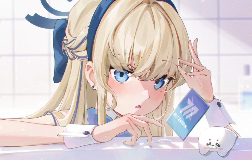1girl blonde_hair blue_archive blue_bow blue_eyes blush bow braid commentary earrings english_commentary facing_viewer french_braid hair_bow halo jewelry lazy_cat long_hair looking_at_object official_art open_mouth solo stud_earrings toki_(blue_archive) toki_(bunny)_(blue_archive) wrist_cuffs