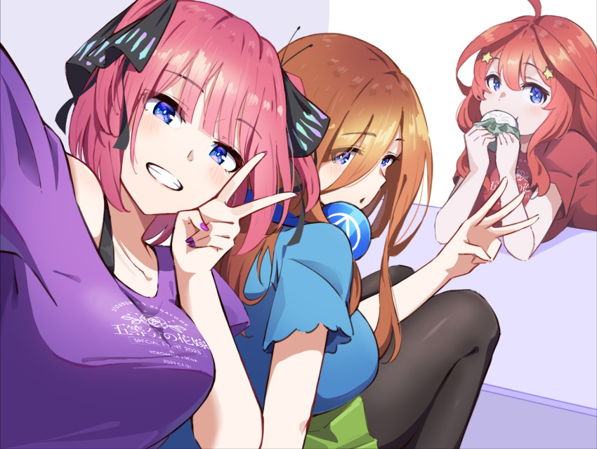 3girls ahoge black_pantyhose black_ribbon blue_eyes blue_shirt blunt_bangs breasts bright_pupils brown_hair butterfly_hair_ornament colored_skin commentary_request eating elbows_on_table expressionless eyes_visible_through_hair foreshortening go-toubun_no_hanayome green_skin grin hair_ornament hair_ribbon hand_up hands_up happy head_tilt headphones headphones_around_neck hyoe_(hachiechi) large_breasts light_blush lips long_hair looking_at_viewer looking_back medium_hair miniskirt multiple_girls nail_polish nakano_itsuki nakano_miku nakano_nino pantyhose pink_hair pleated_skirt purple_background purple_nails purple_shirt red_shirt redhead ribbon selfie shirt short_sleeves siblings sidelocks simple_background sisters skirt smile star_(symbol) star_hair_ornament twins upturned_eyes v w white_background white_pupils